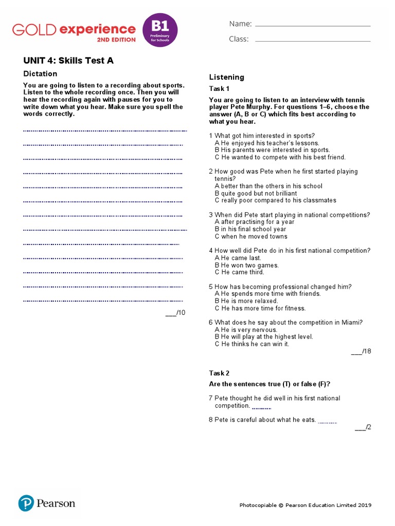 Gold Exp B1 U4 Skills Test A | PDF