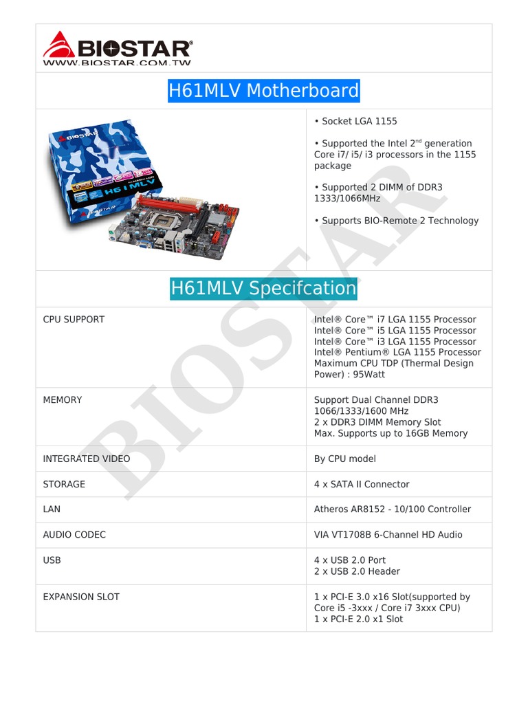 Biostar H61MLV Spec | PDF | Office Equipment | Personal Computing