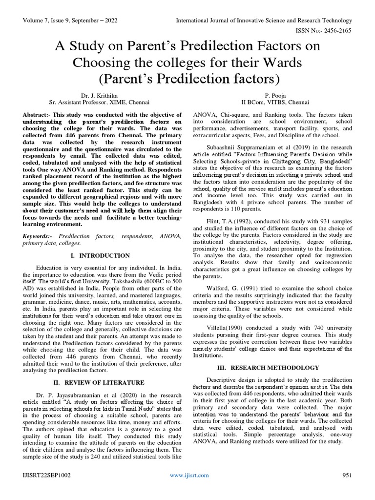 A study on parent s predilection factors on choosing the colleges for