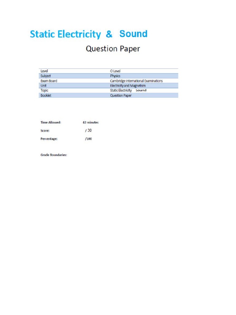 QP Static Electricity and Sound MCQ PDF