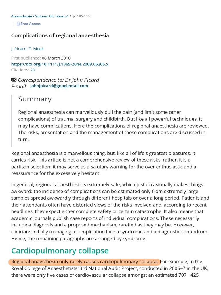 Complication of Regional Anesthesia PDF Anesthesia Childbirth