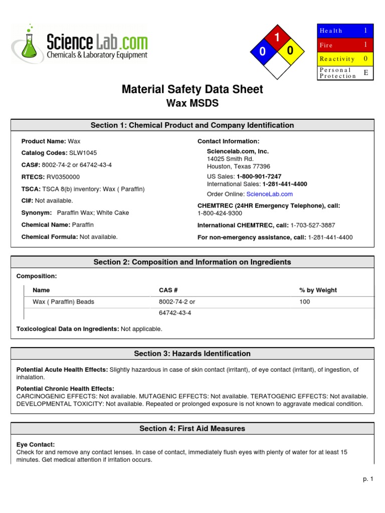 msds wax Toxicity Flammability