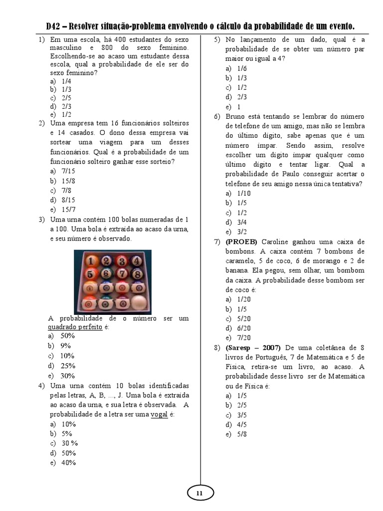 D42 Resolver Situação-Problema Envolvendo o Cálculo Da Probabilidade de ...