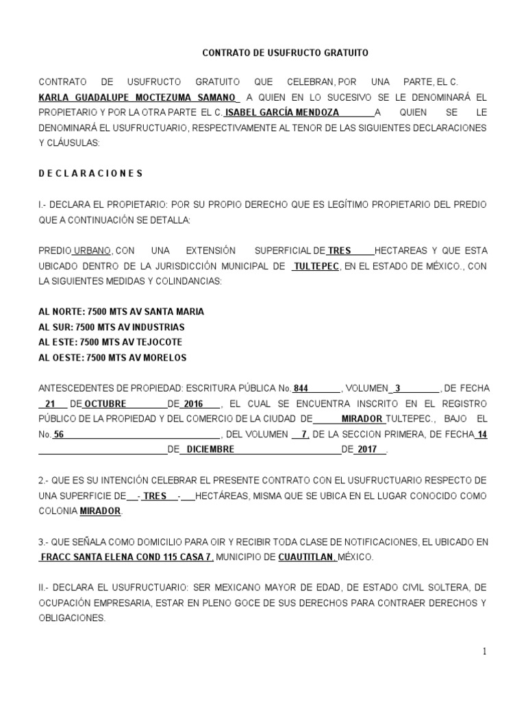 Contrato de Usufructo Gratuito PDF