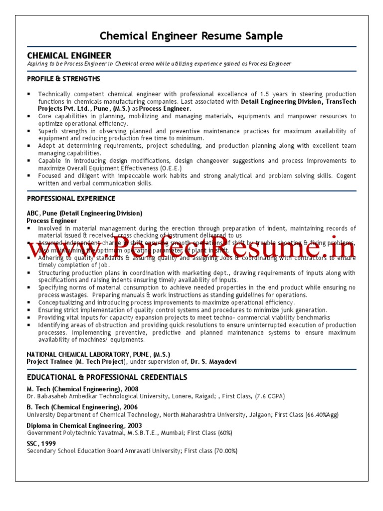 Chemical Engineer Resume Sample Chemical Engineering