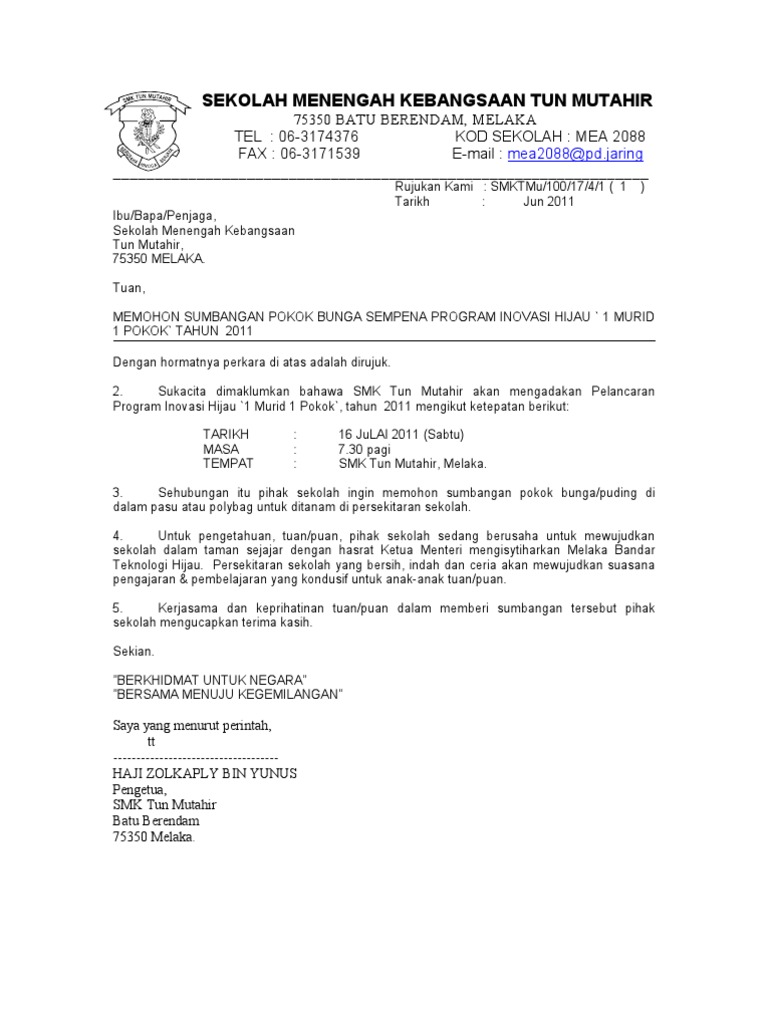 Contoh Surat Permohonan Hari Ke-9 Tahun Baru Cina Bagi Sekolah
