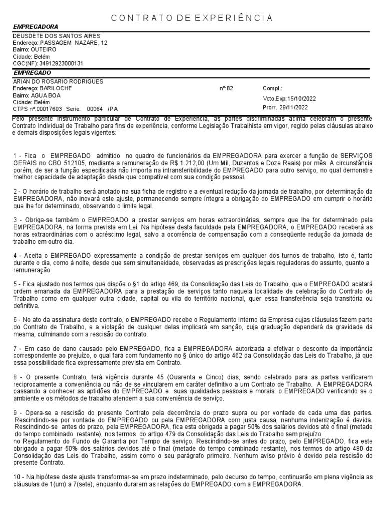 Modelo de Contrato de Experiência 45 Dias | PDF | Direito Comercial ...