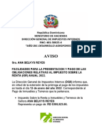 Sra. Ana Belkys Reyes Facilidades para La Presentacion Y Pago de Las Obligaciones Relativas Al Impuesto Sobre La Renta (Isr) Anual 2022