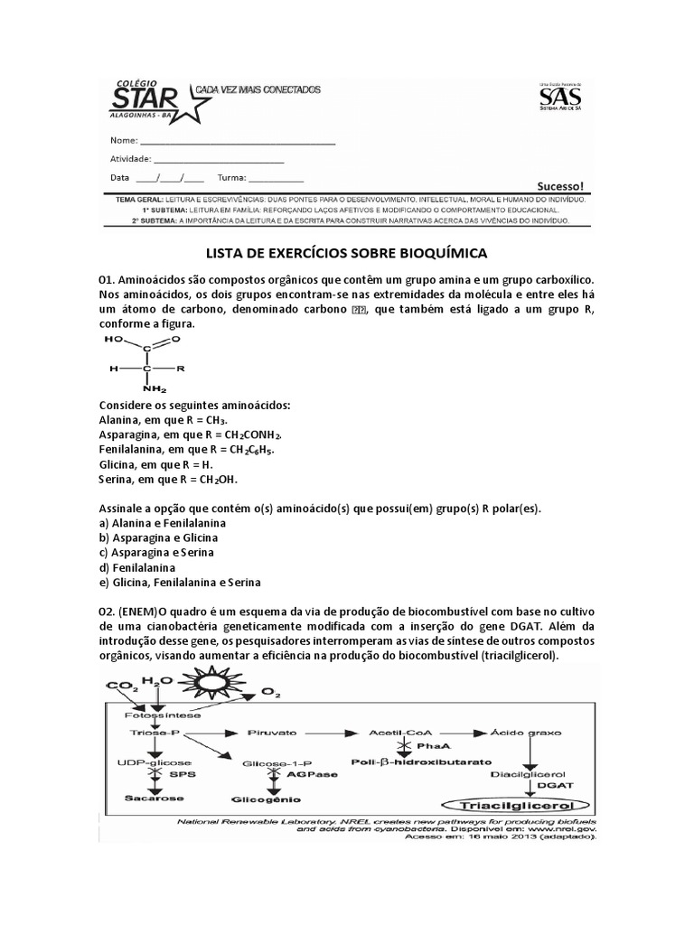 Lista de Exercícios Sobre Bioquímica | PDF | Diesel | Petróleo