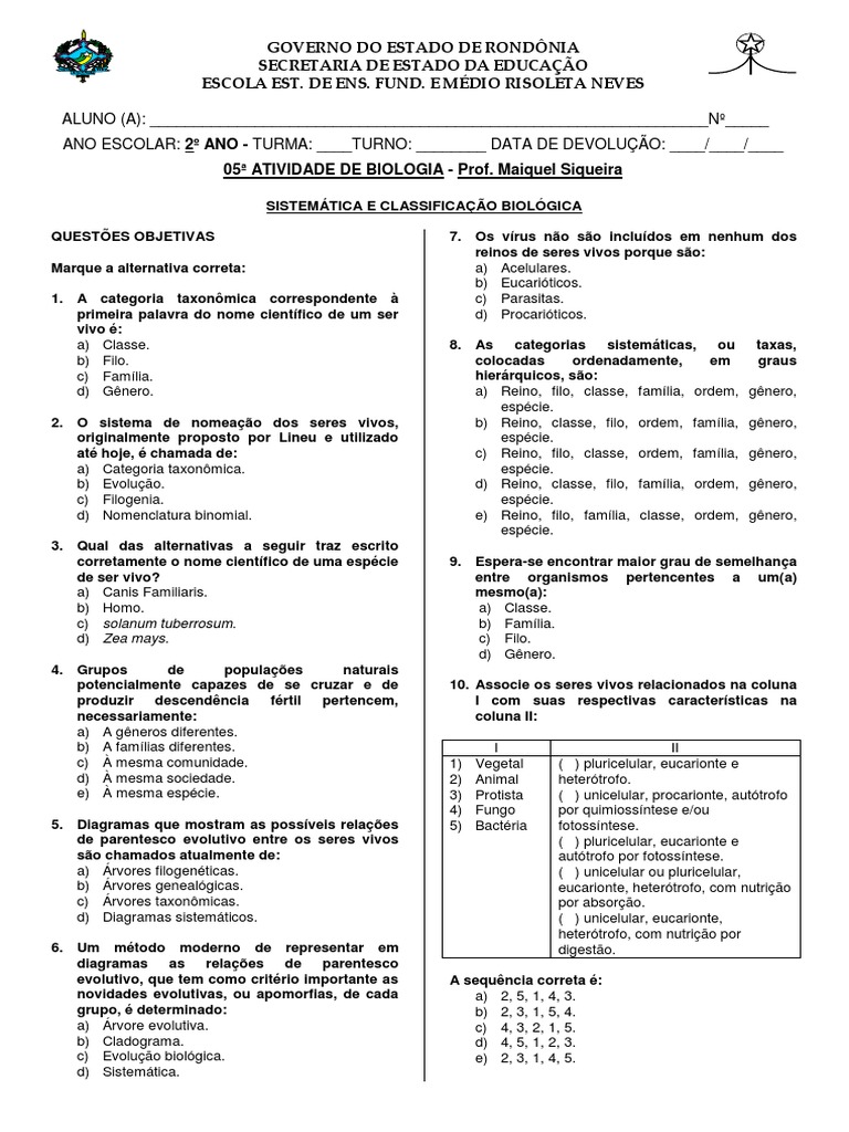 5 Atividade-Biologia - CLASSIFICAÇÃO BIOLÓGICA-questões Objetivas | PDF ...