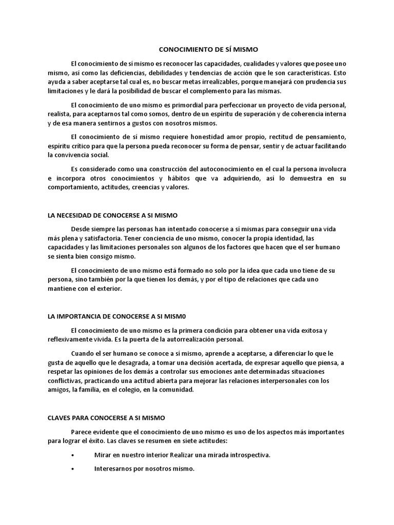 Importancia del Conocimiento de Sí Mismo | PDF | Conocimiento | Pensamiento