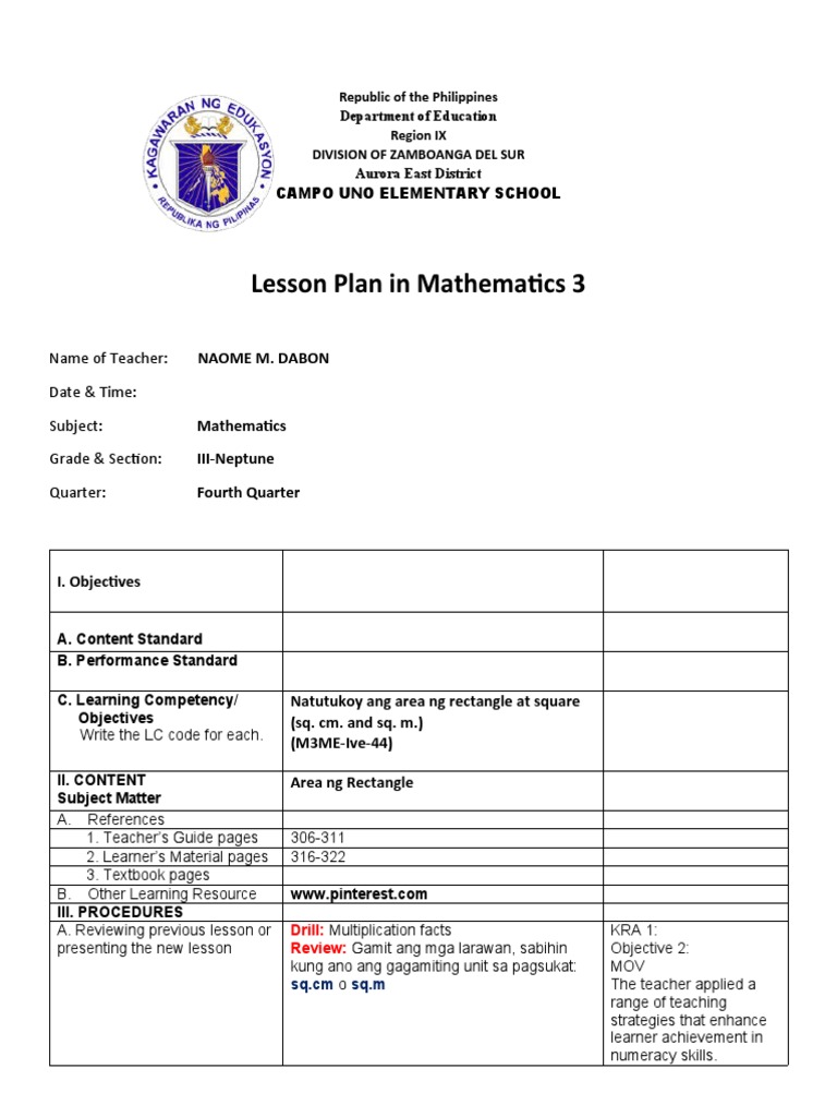 Cot Math Area With Movs | PDF