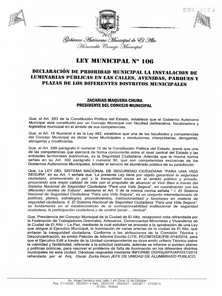 Ley Municipal 106 Instalacion de Luminarias PDF