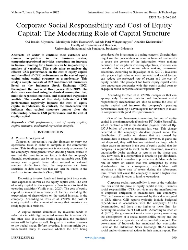 Corporate Social Responsibility and Cost of Equity Capital The ...