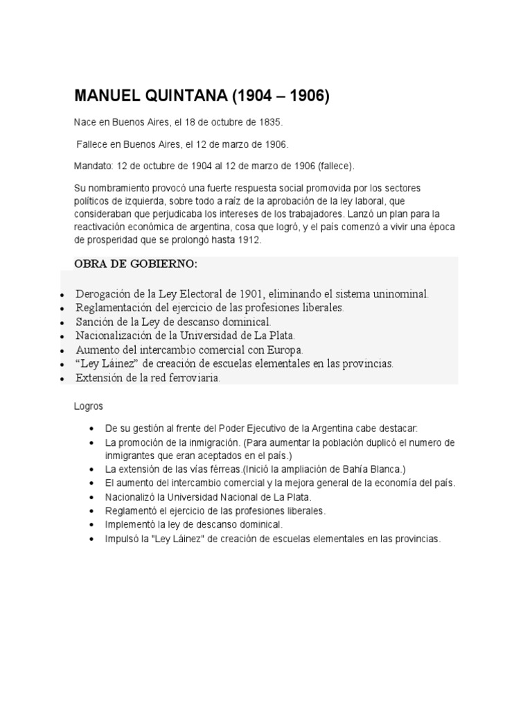Logros de Manuel Quintana en Argentina | PDF | Política