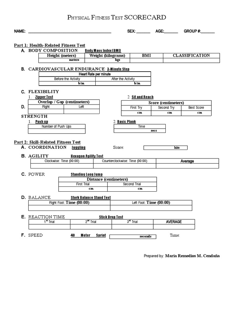 Physical Fitness Test Scorecard Pdf