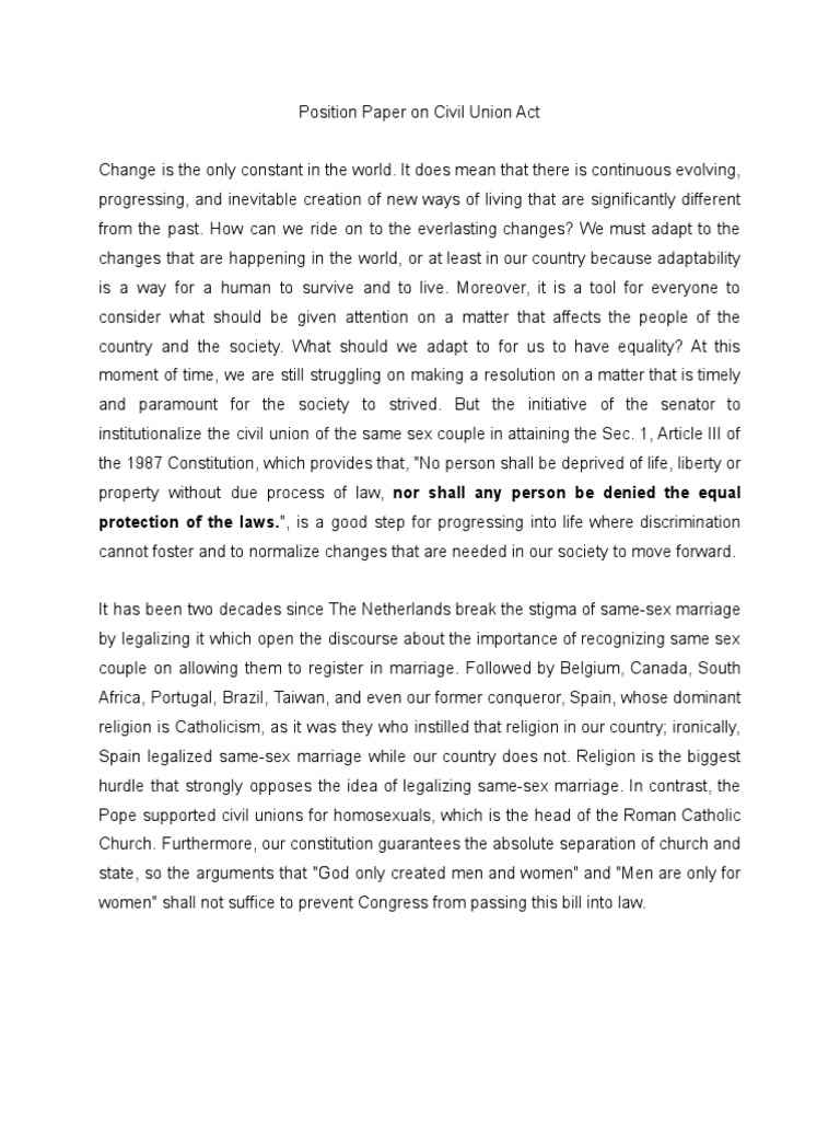 Civil Union Act Position Paper PDF Same Sex Marriage Marriage