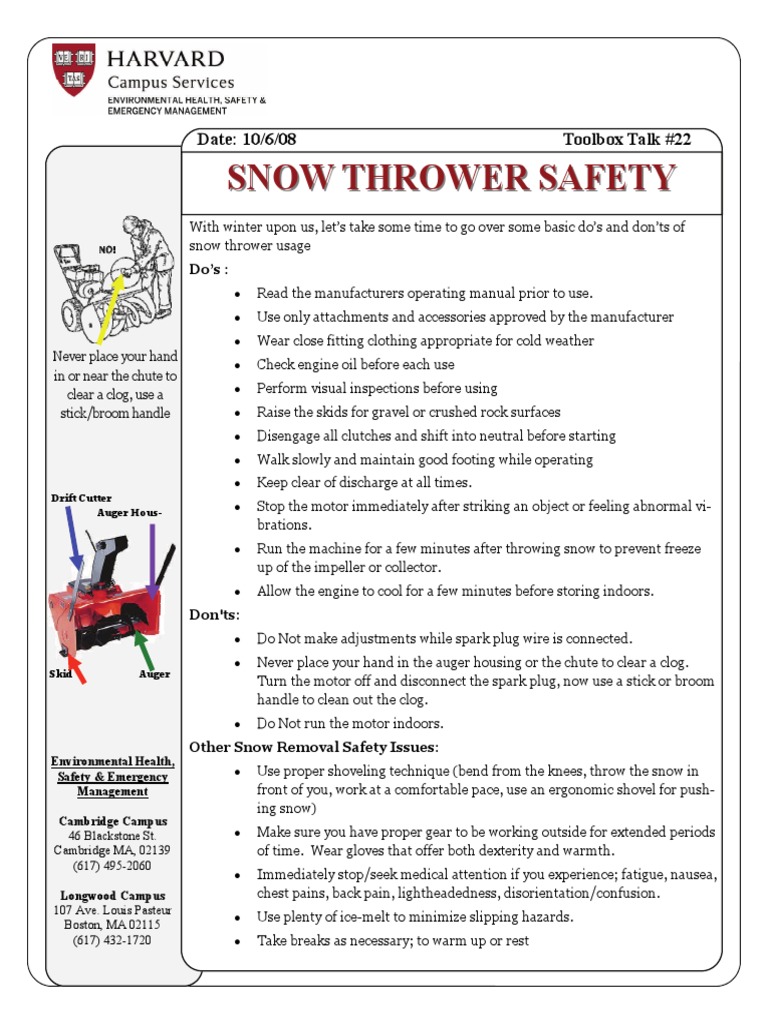Toolbox Talks Snow Thrower Safety English PDF Snow Manufactured Goods