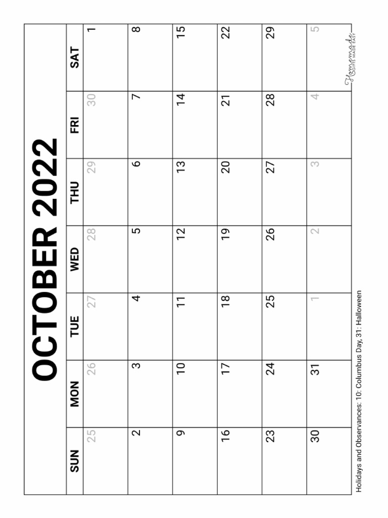 Empty October Calendar 2022