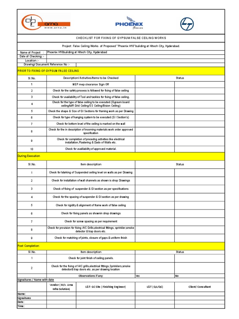Gypsum False Ceiling Inspection Checklist | PDF | Ceiling | Building ...