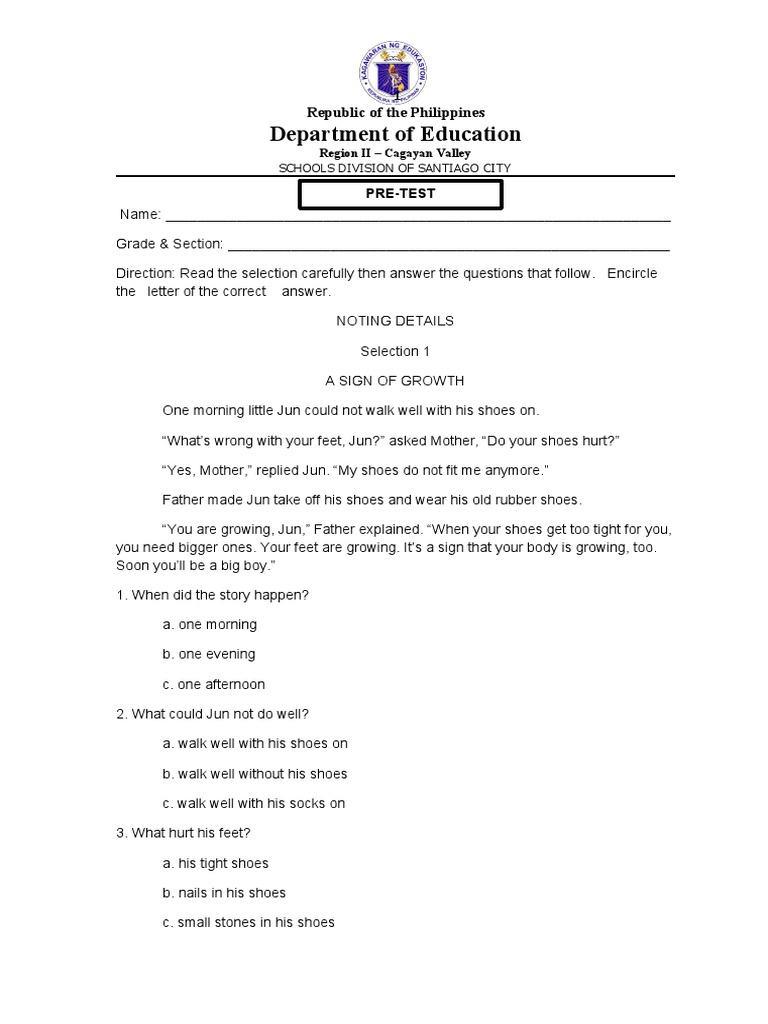 Grade 6 Pre-Test and Post-Test Examples | PDF | Language Arts & Discipline