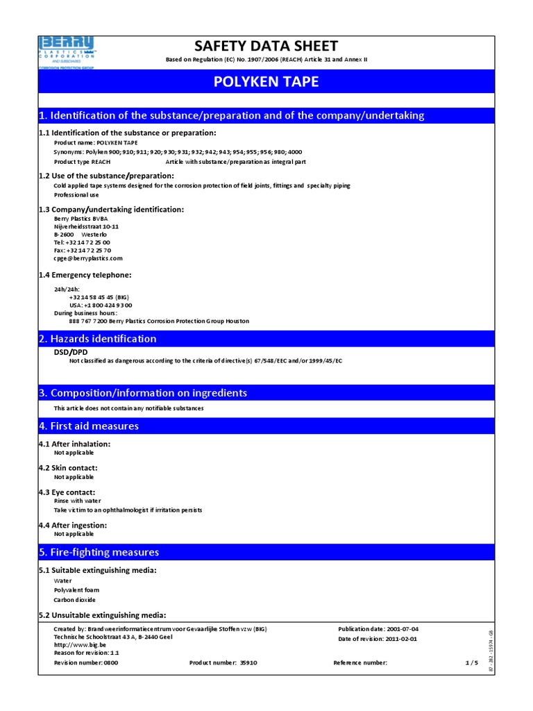 MSDS Polyken Tape 900 910 920 PDF Dangerous Goods Personal Protective Equipment