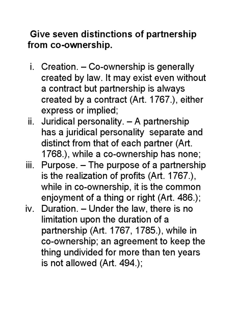Distinctions Between Partnership and Co-Ownership | PDF | Partnership ...