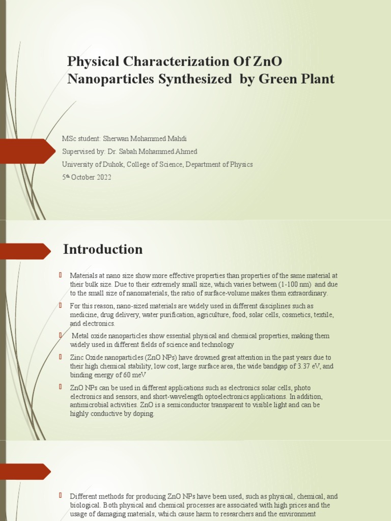 Green Synthesis of ZnO Nanoparticles | PDF | Zinc Oxide | Nanoparticle
