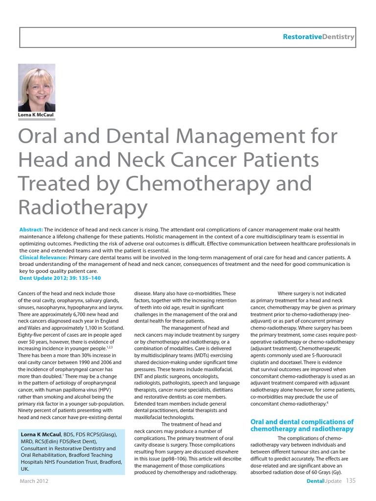 Dental Update 2012. Oral Dental Management For Head Neck Cancer