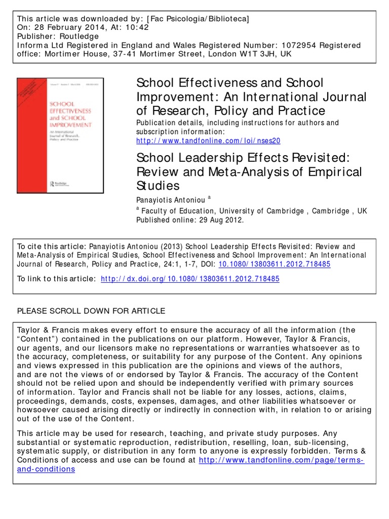 School Effectiveness And School Improvement Pdf