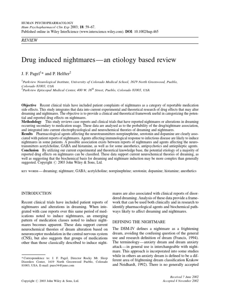 2003 Drug Induced Nightmares, An Etiology Based Review PDF Rapid Eye Movement Sleep