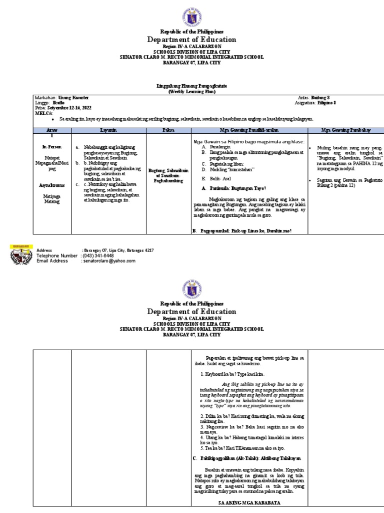 Weekly Learning Plan Filipino 8 Pdf