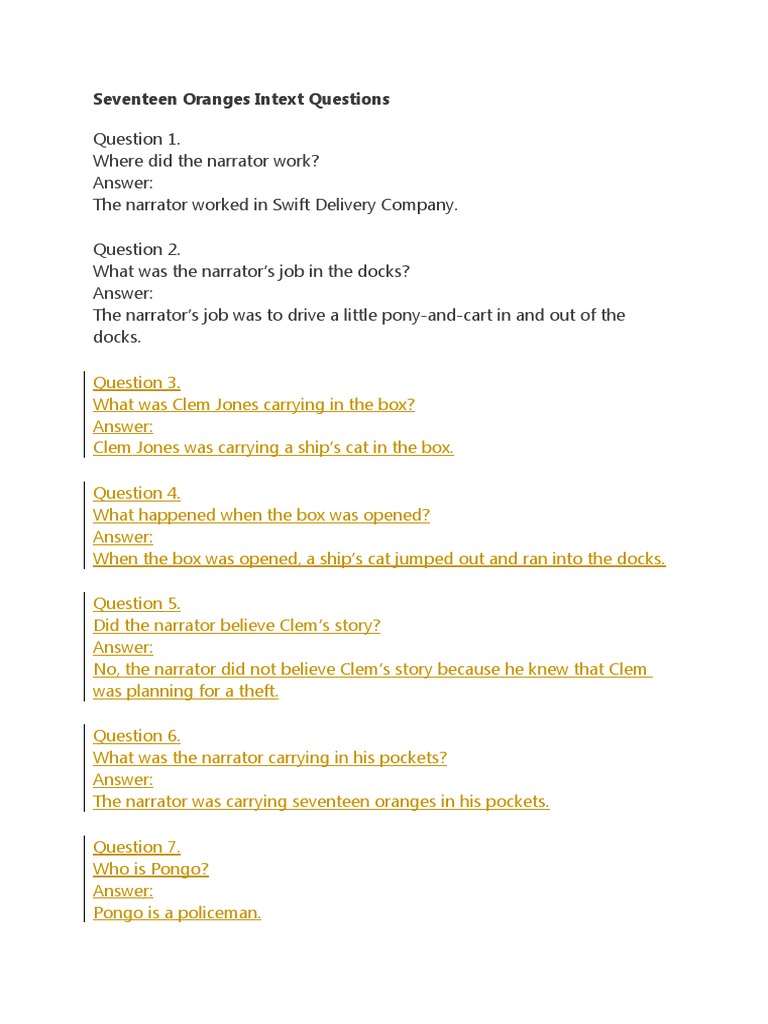 Seventeen Oranges Intext Questions Summary PDF Mark Twain