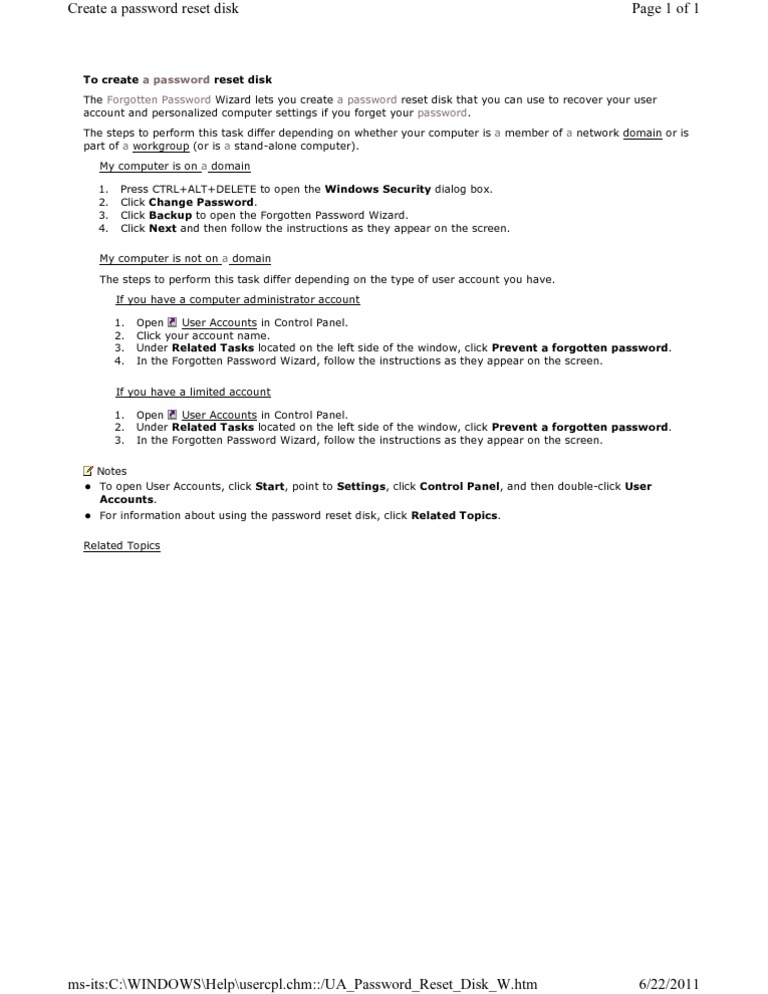 Create a Password Reset Disk Guide | PDF