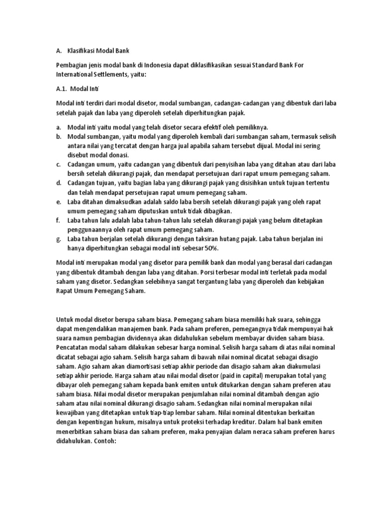 Klasifikasi Modal Bank | PDF | Pengelolaan Keuangan & Uang