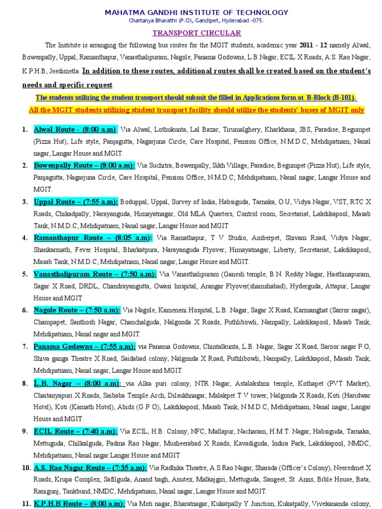 MGIT Bus Routes - (24.02.2011) | PDF | Transport | Sikhism