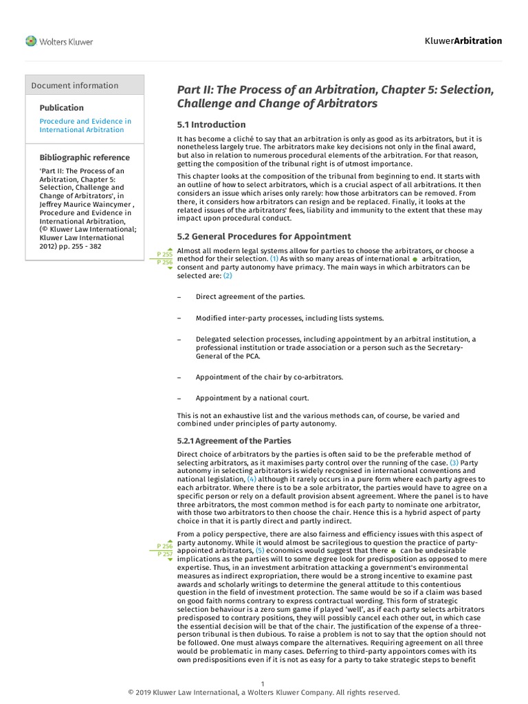 The Process of An Arbitration Selection, Challenge and Change of