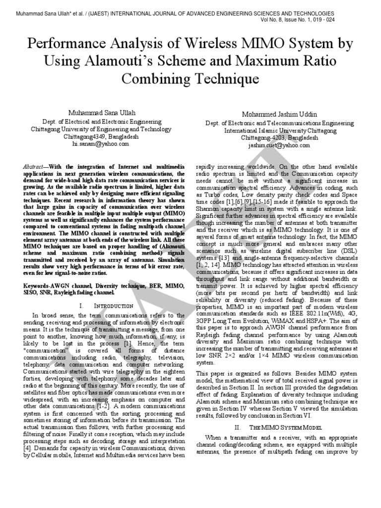 3.IJAEST Vol No 8 Issue No 1 Performance Analysis of Wireless MIMO ...