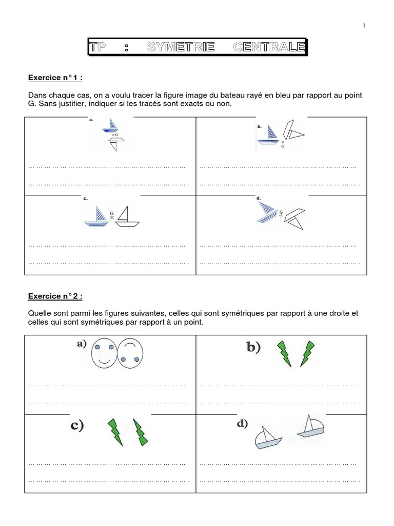 Exercices Symétrie Cm1 à Imprimer TP: Symetrie Centrale: Exercice N° 1 | PDF | Cercle | Angle