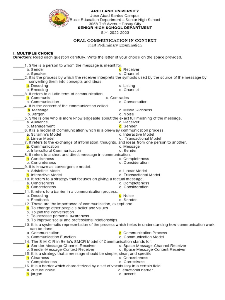 SHS Oral Communication Exam | PDF | Communication | Human Communication