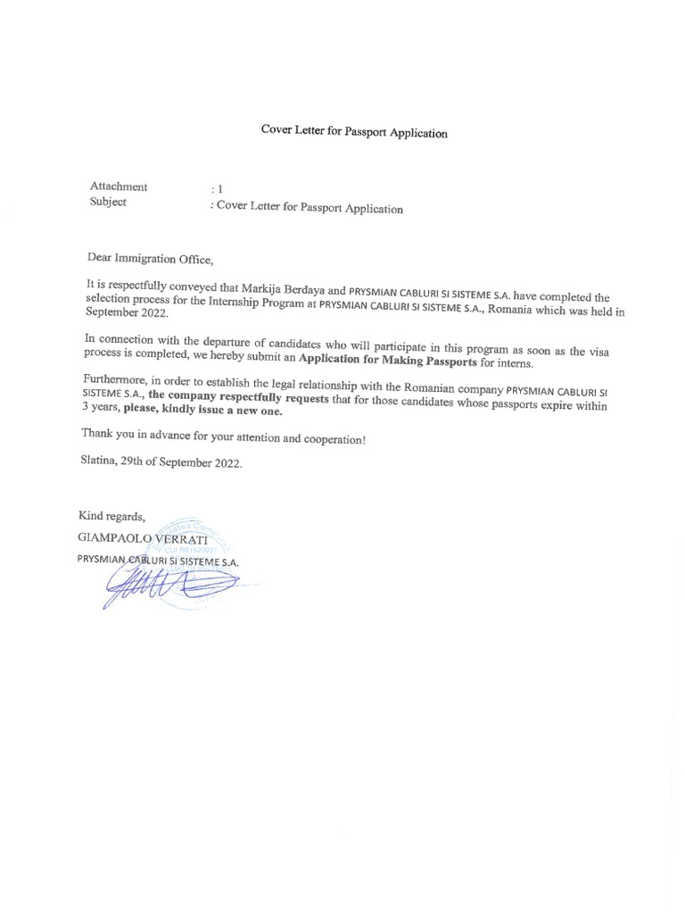 Passport Cover Letter Prysmian PDF