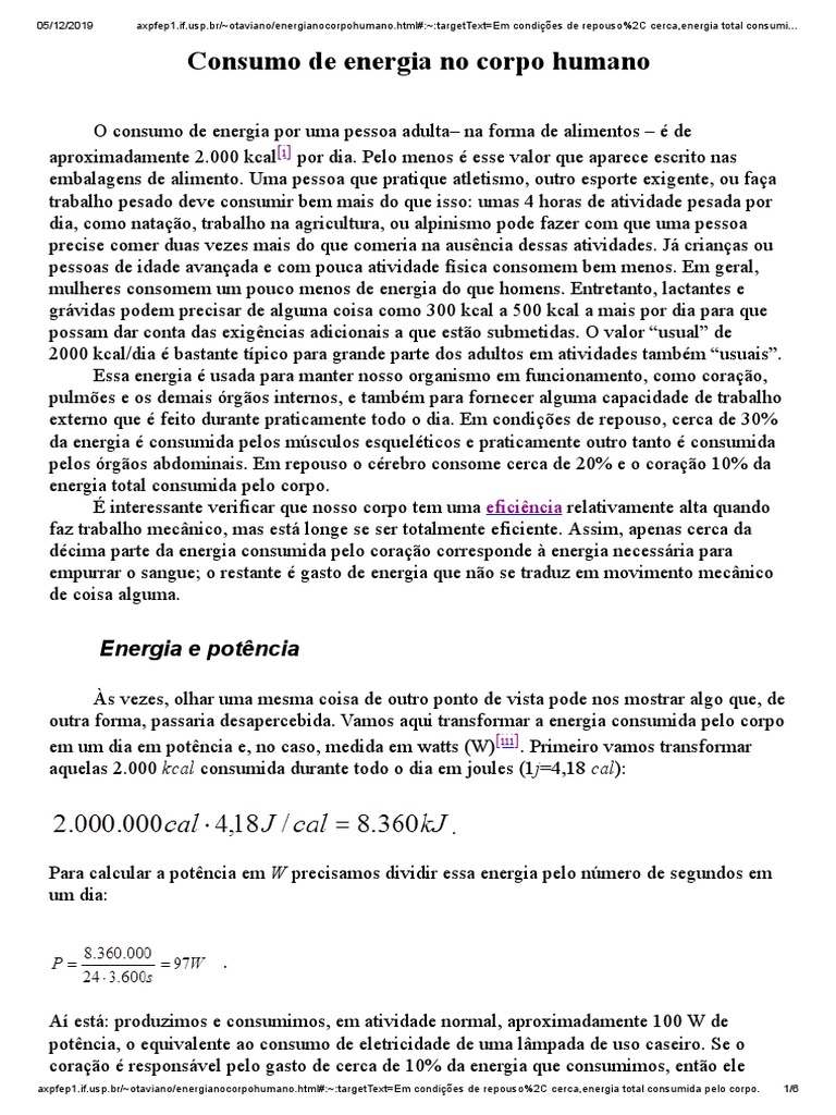 Consumo de Energia no Corpo Humano | PDF | Caloria | Alimentos