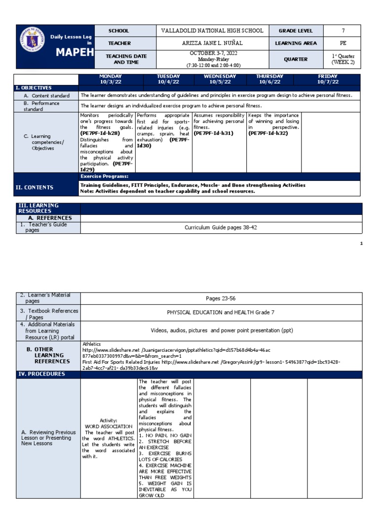 Q1 Grade 7 PE DLL Week 2. | PDF | Physical Fitness | Learning