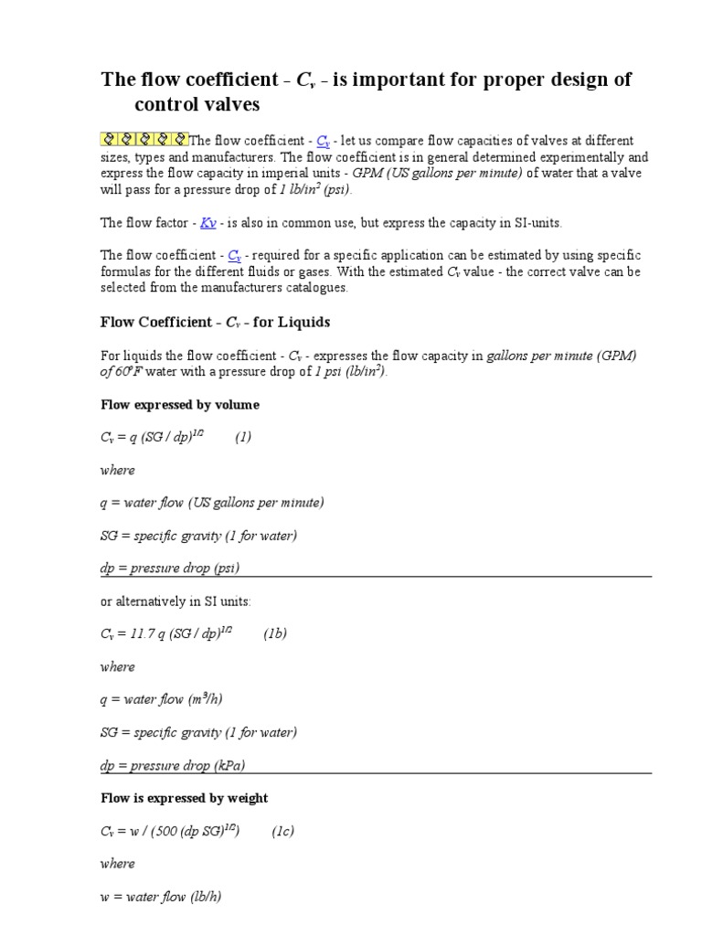 Flow Coefficient (CV) and Calculation of Flow Through Valves PDF