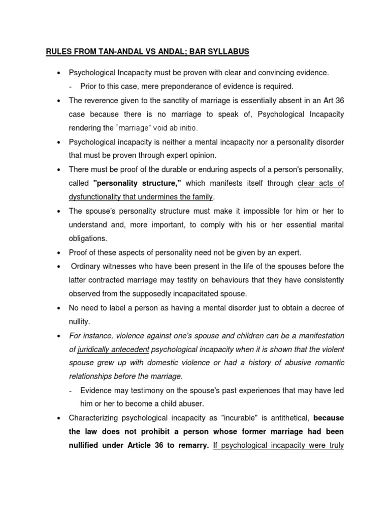 Tan-Andal Doctrine on Psychological Incapacity | PDF | Marriage | Annulment