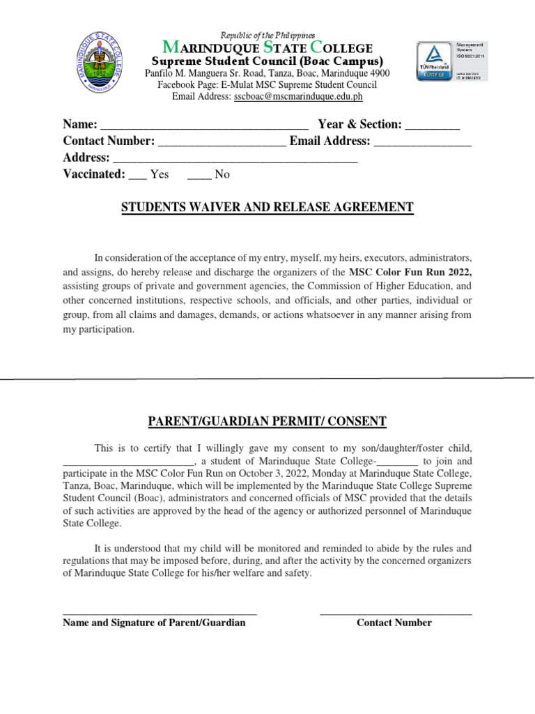 MSC Color Fun Run Waiver Form | PDF | Social Science