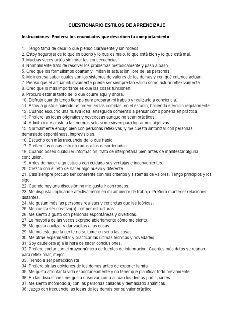Test Estilos de Aprendizaje Honey Alonso | PDF | Aprendizaje