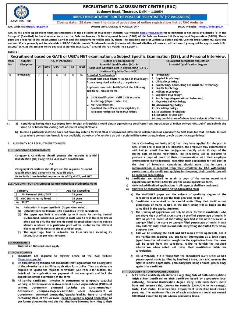 Drdo Recruitment Pdf Psychology