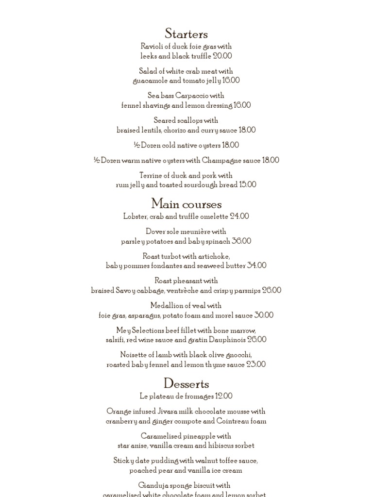 Fine Dining Menu with Prices | PDF | Foods | Cuisine