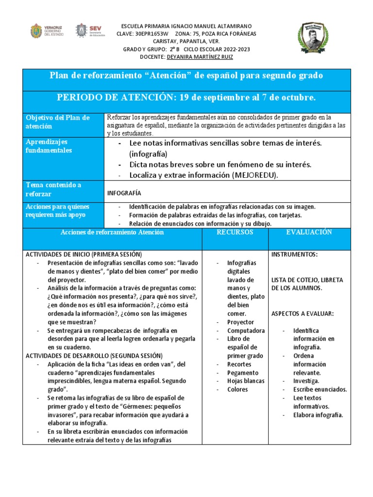 Plan de Reforzamiento Segundo Grado 2022-2023 | PDF
